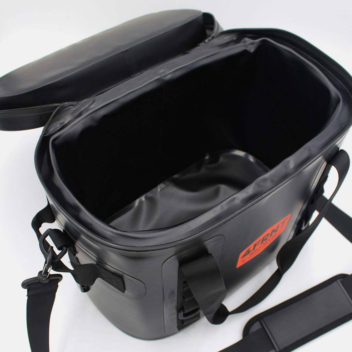 4frnt black and orange Cooler Bag top view with the lid open