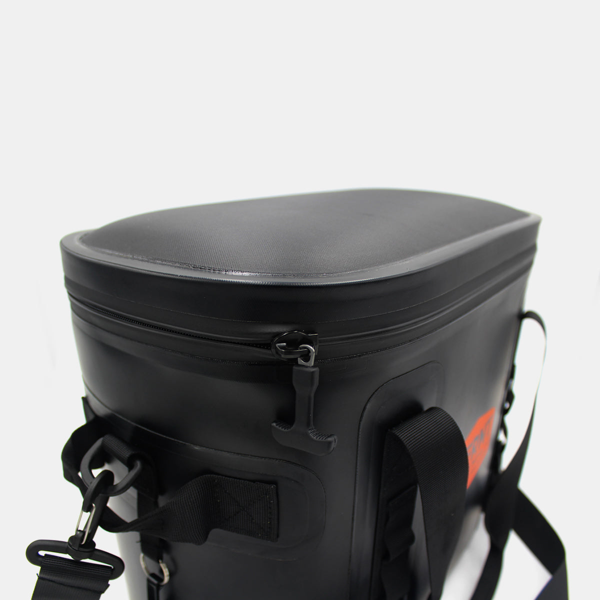 4frnt black and orange Cooler Bag close up of the lid