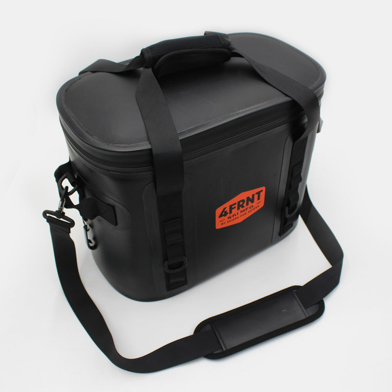 4frnt black and orange Cooler Bag top angled view
