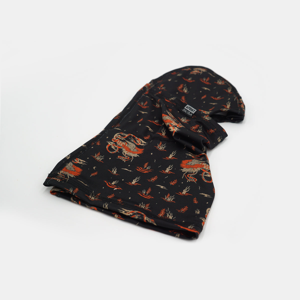 a flat angled shot of a skida balaclava with campfire print