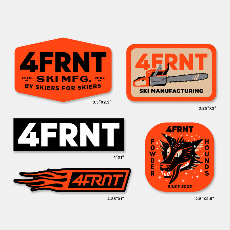 a photo of all the stickers included in the 4FRNT sticker Pack with size dimensions