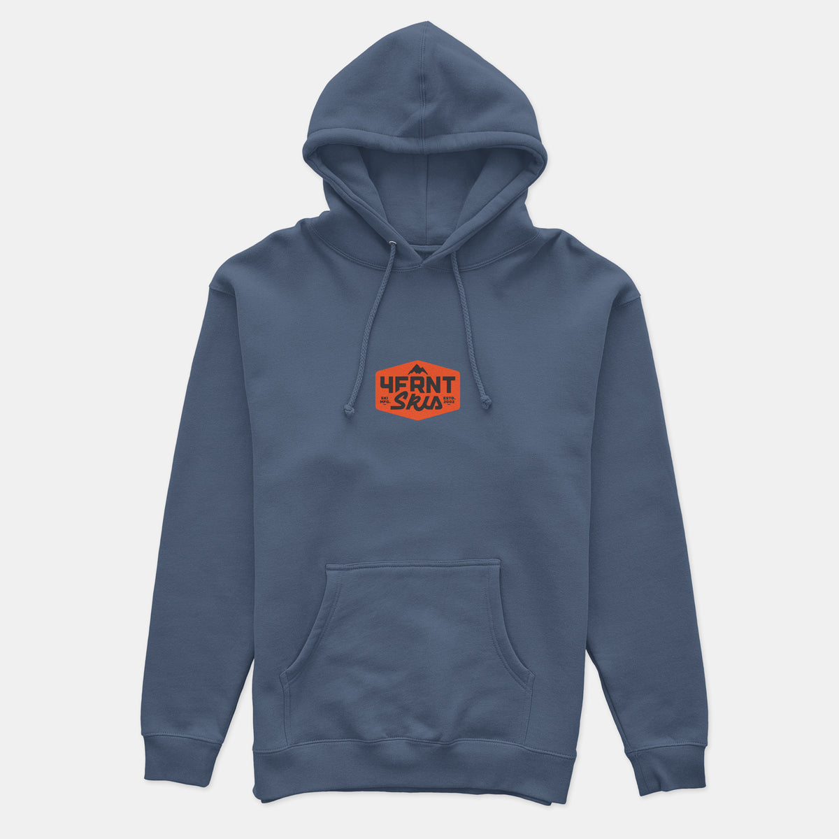 the 4frnt skis blue MFG with an orange badge hoodie front view