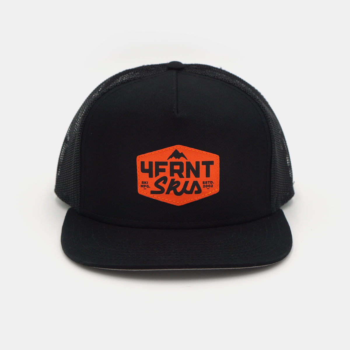 the 4frnt skis black MFG with an orange badge trucker hat front view