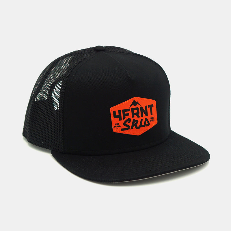 the 4frnt skis black MFG with an orange badge trucker hat side view