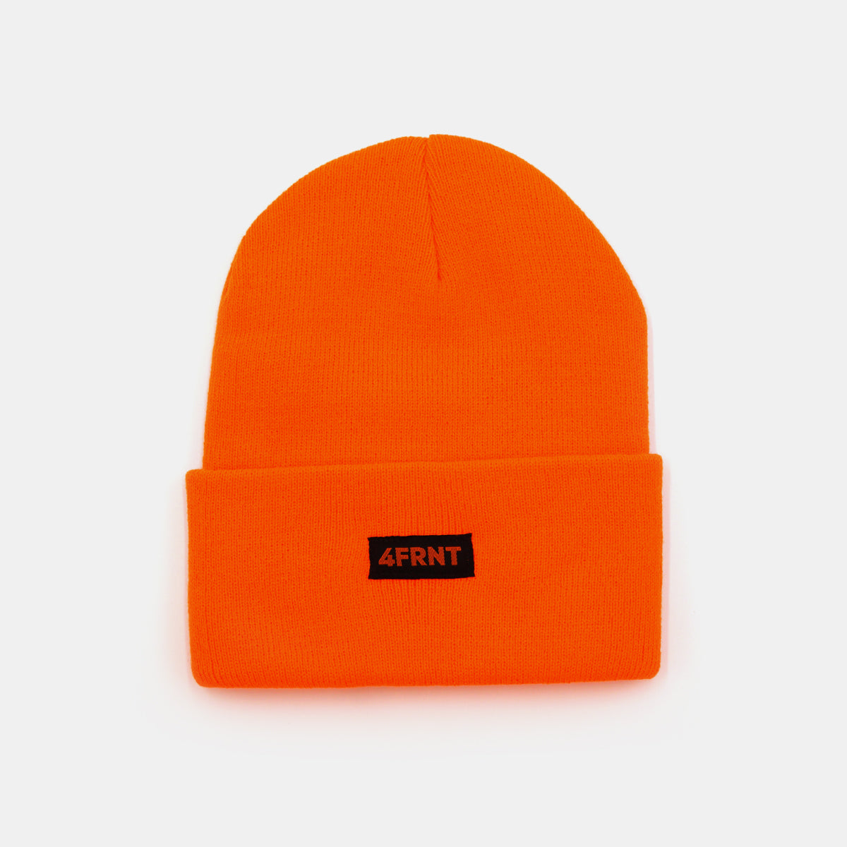 orange neon beanie with a black 4front logo front view