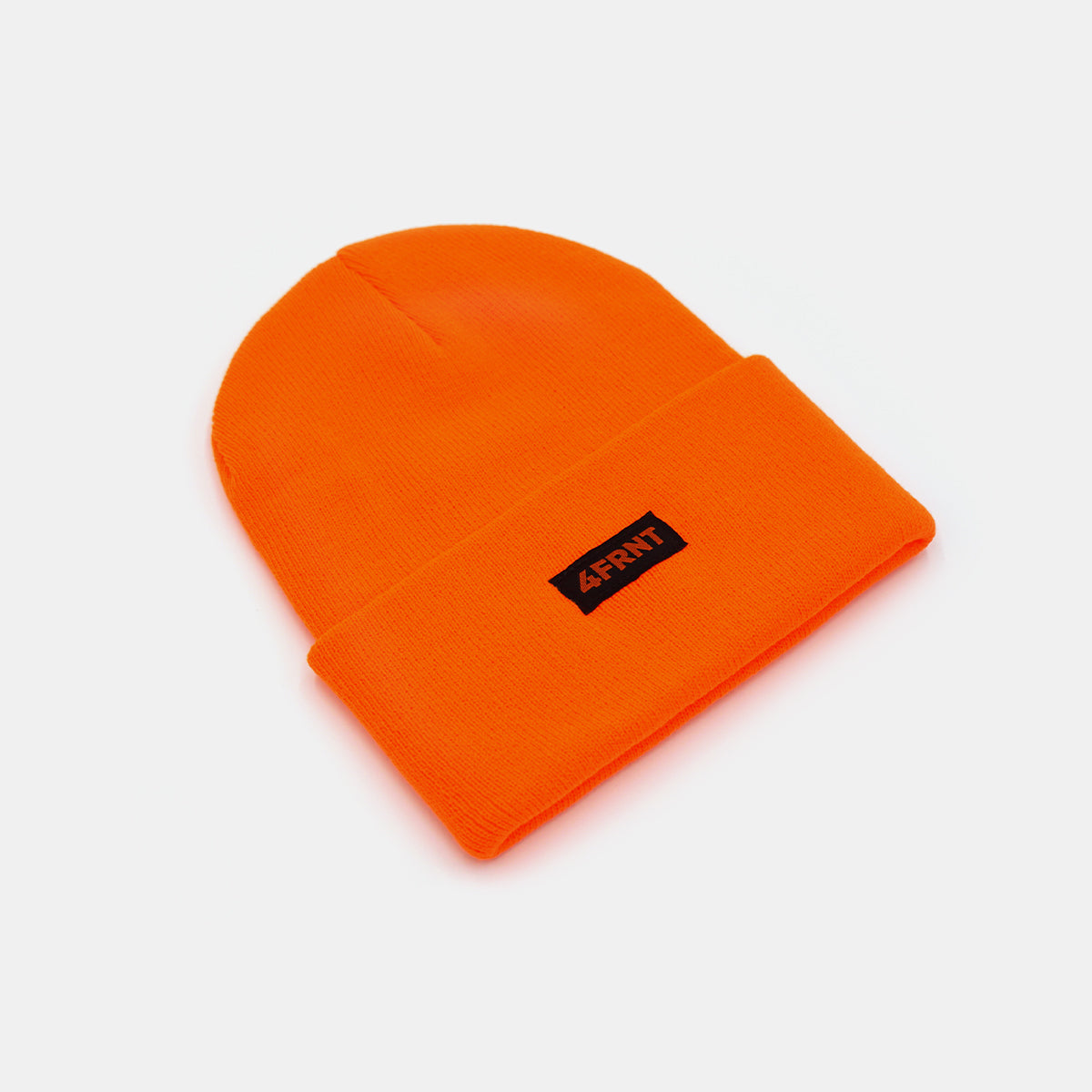 orange neon beanie with a black 4front logo side flat view