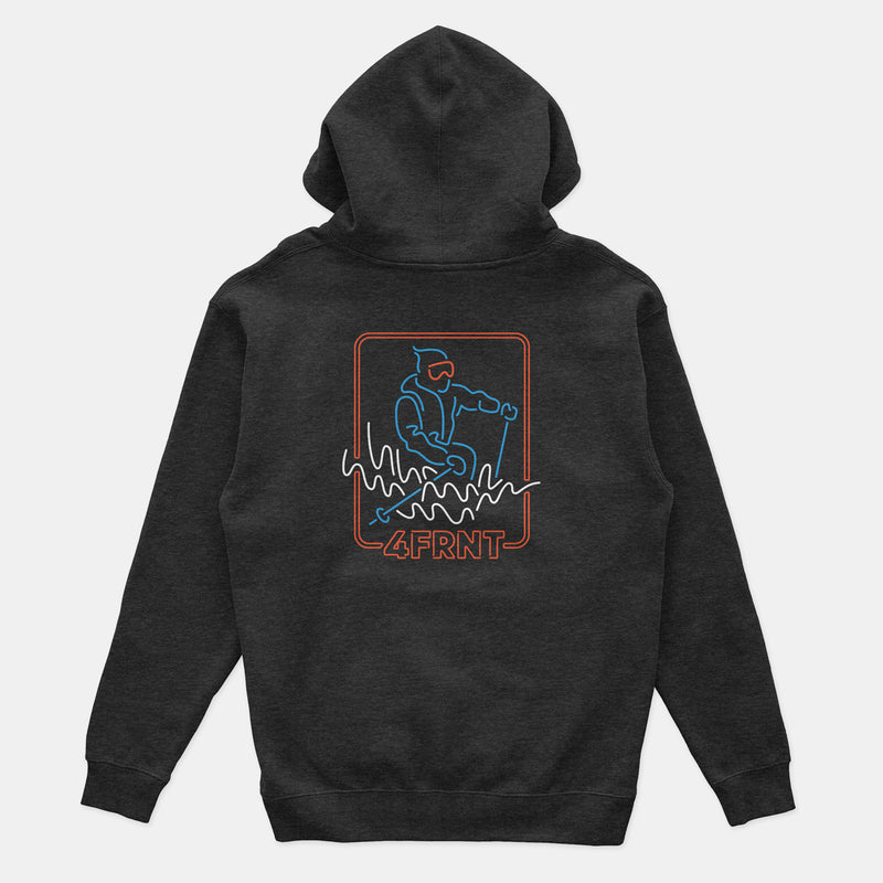 black hoodie with neon 4front logo depicting a blue skier back view