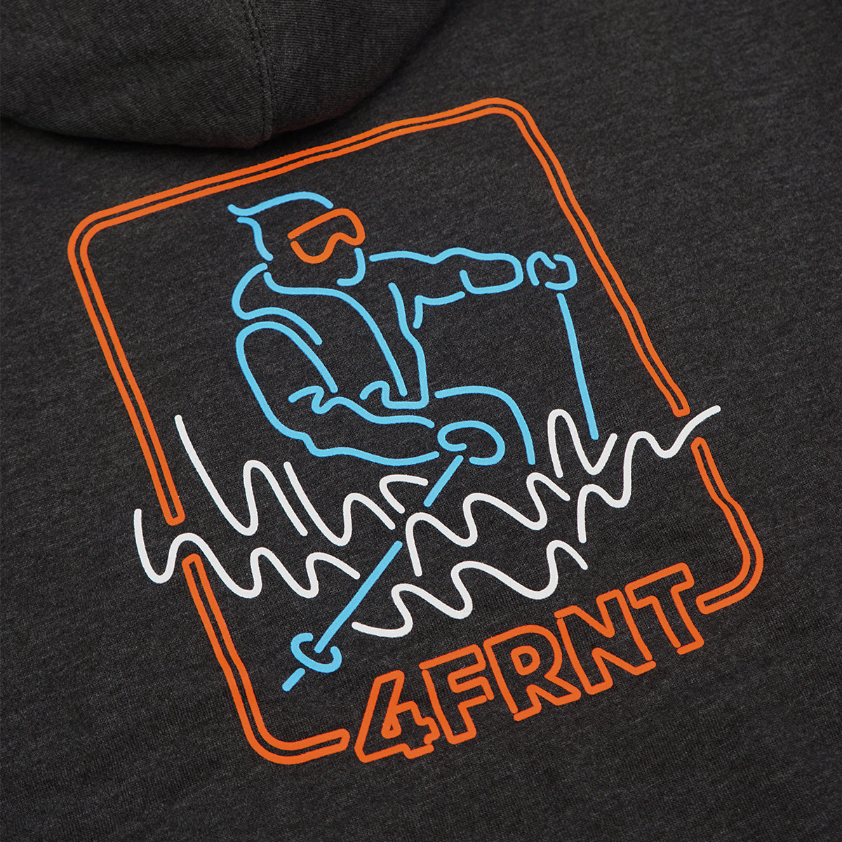 black hoodie with neon 4front logo depicting a blue skier back graphic detail view