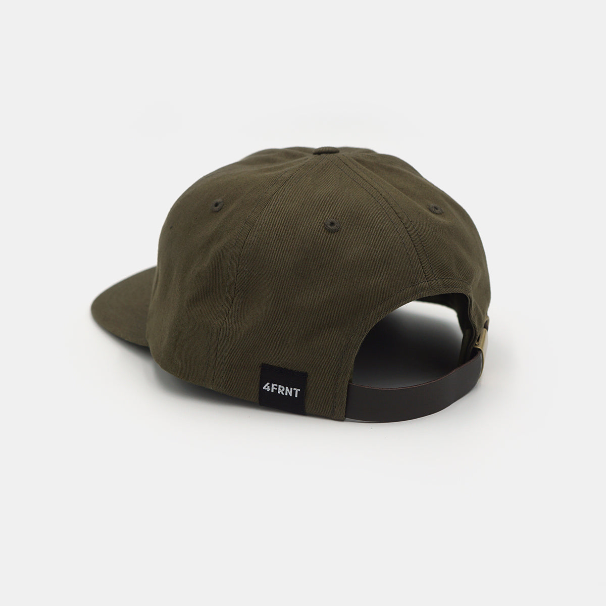 angled back profile of dark green hat with rodeo 4frnt logo