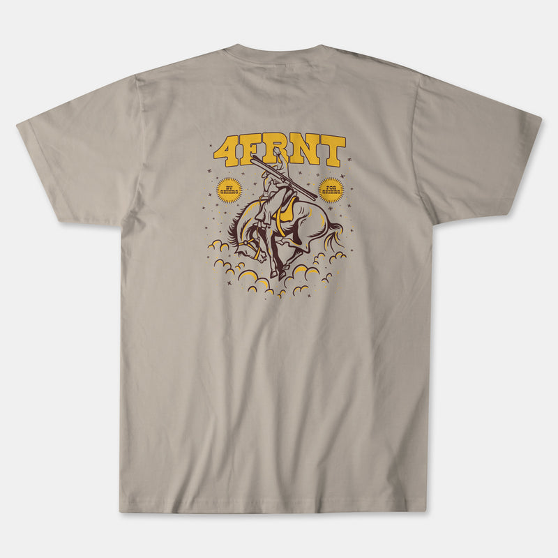 yellow 4frnt logo over a bucking bronco rodeo tee back view