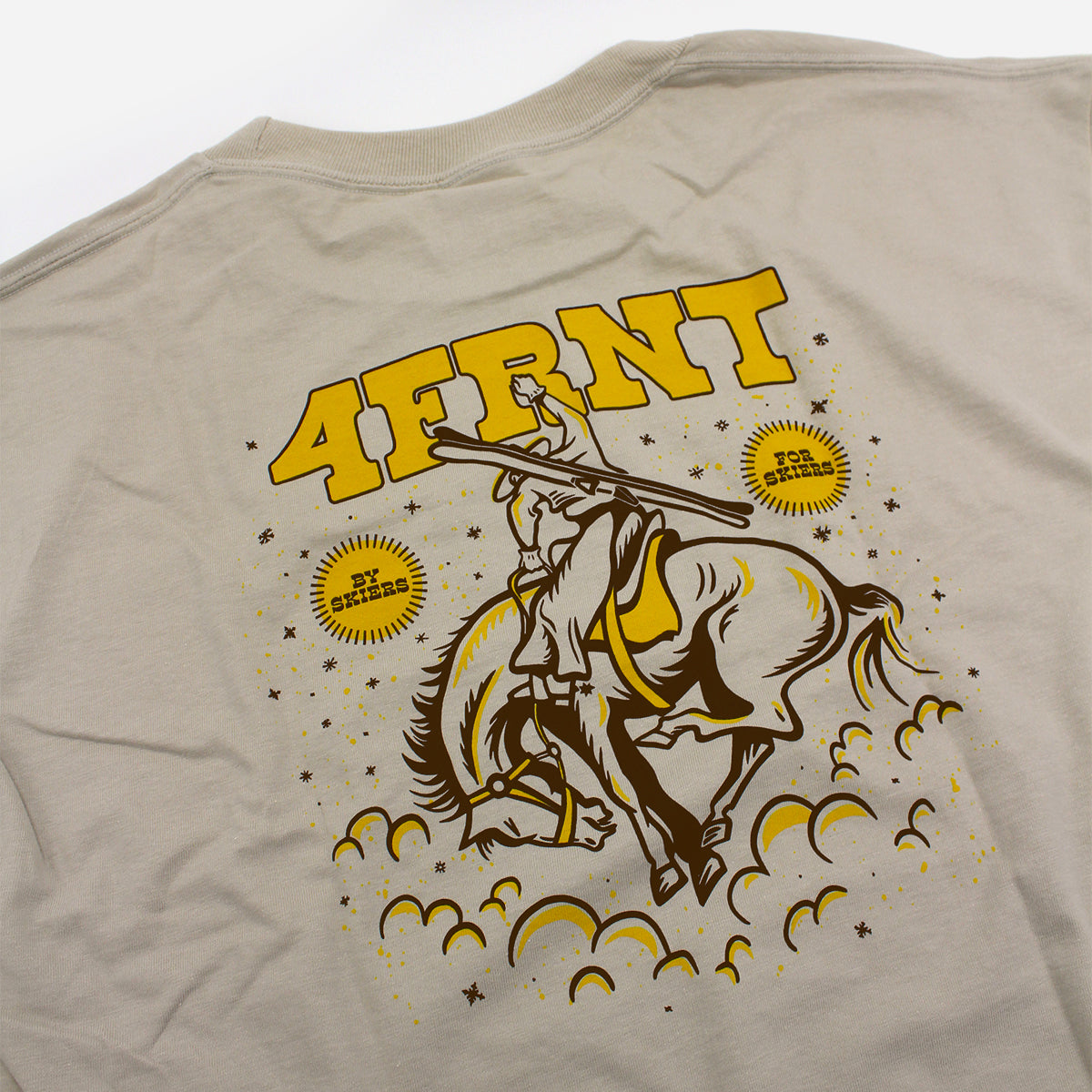 yellow 4frnt logo over a bucking bronco rodeo tee back detail view