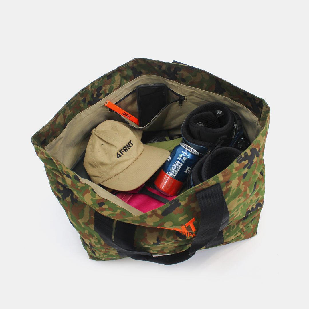 4frnt skis Camo Tote Bag packed with different items