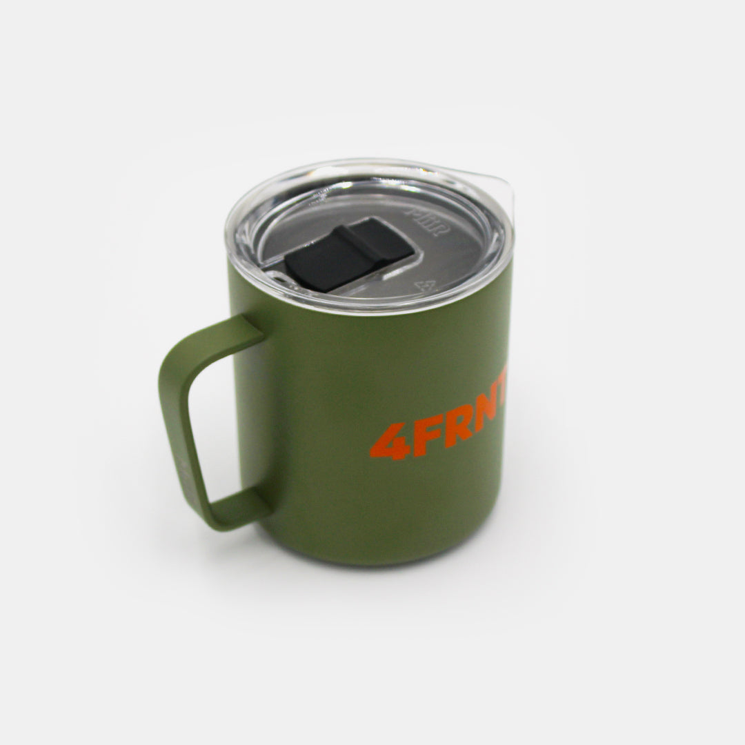 Green Camp Cup with orange 4frnt skis logo angled view