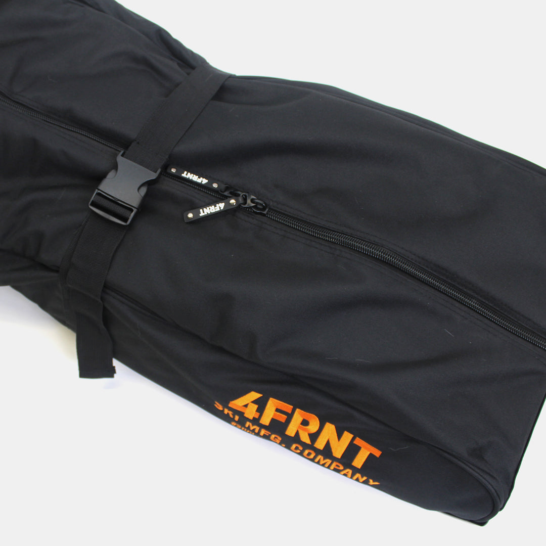 4frnt skis black and orange double ski roller bag close up of vertical zipper